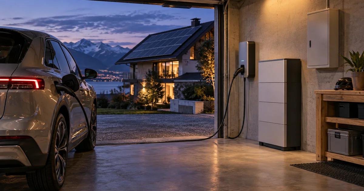 Elektroauto an einer bidirektionalen Ladestation neben einem Hausspeicher in einer Schweizer Garage