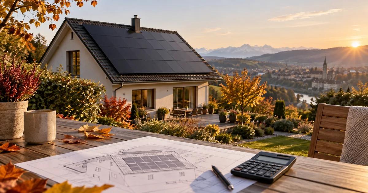 Schweizer Haus mit Solardach und Planungsunterlagen auf einem Terrassentisch im Herbst