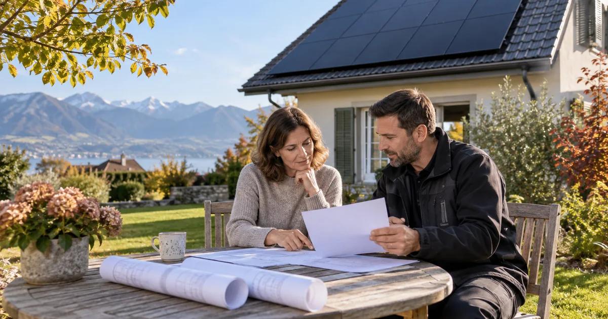 Propriétaire et installateur comparent un projet solaire dans le jardin d’une maison suisse