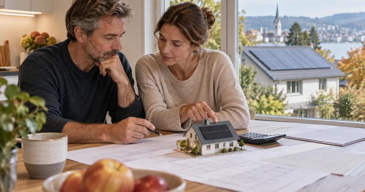 Paar plant eine Dachsanierung mit Hausmodell und Unterlagen vor einem Schweizer Haus mit Solardach