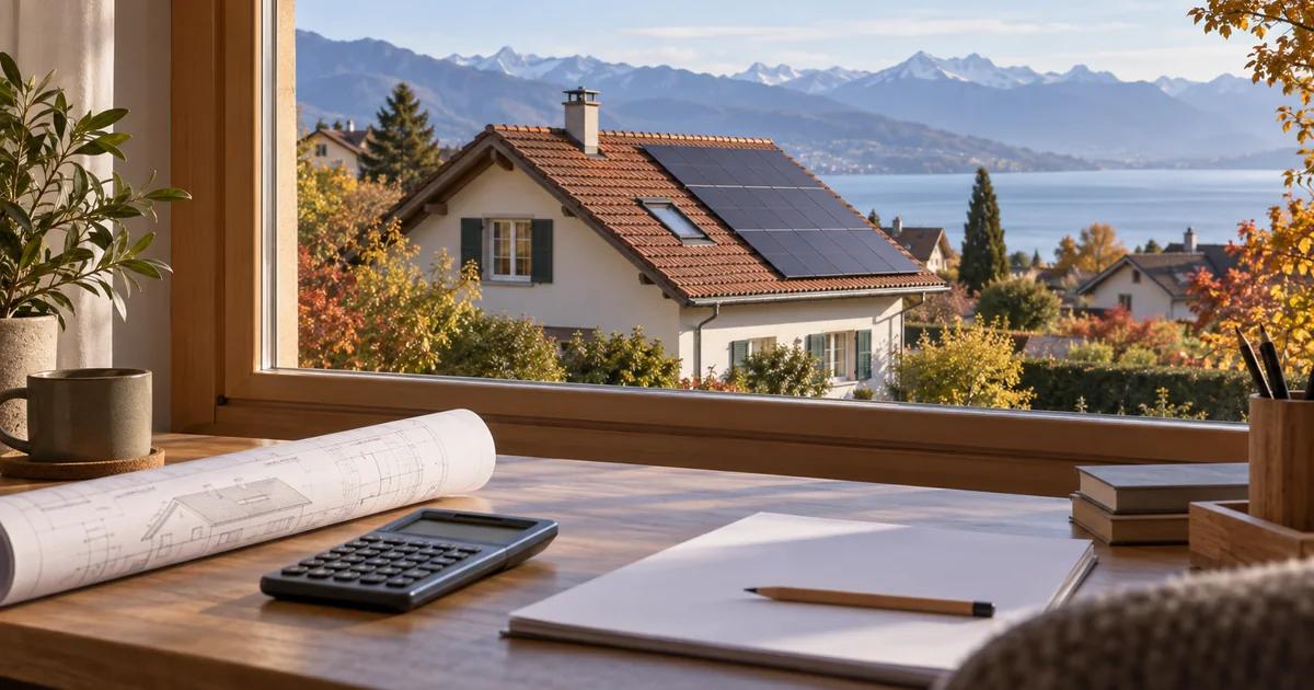 Plans de toiture et calculatrice devant une maison suisse équipée de panneaux solaires en automne