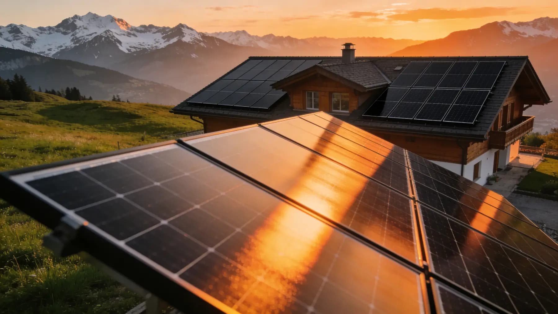 Villa suisse équipée de panneaux solaires au coucher du soleil