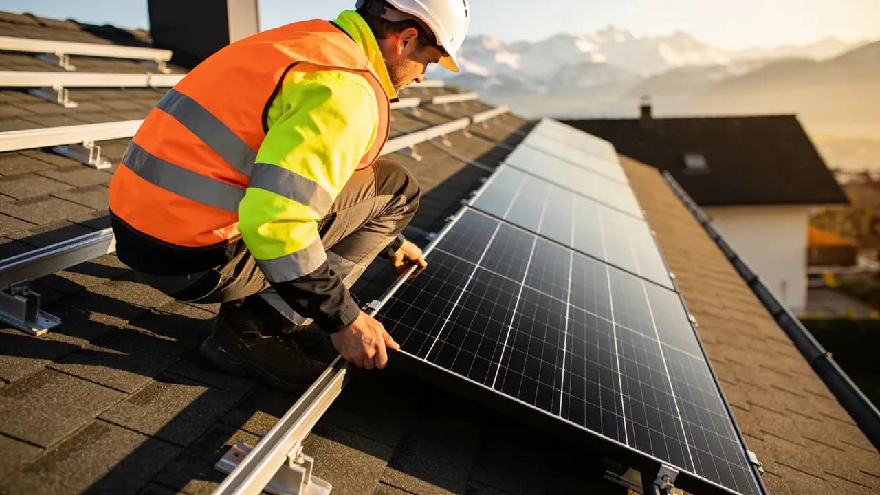 Installateur solaire sur une toiture en Suisse romande