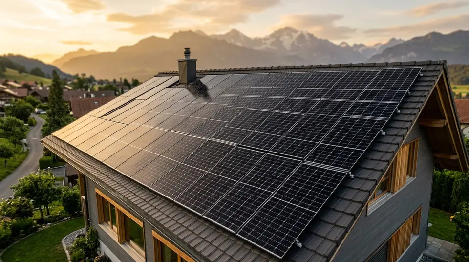 Large champ de panneaux solaires residentiels en perspective symetrique