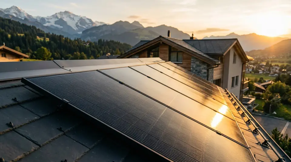 Villa suisse premium avec panneaux photovoltaques noirs en lumiere doree
